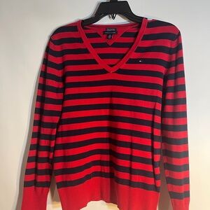 Tommy Hilfiger Red and Black Striped V-Neck Top size Medium